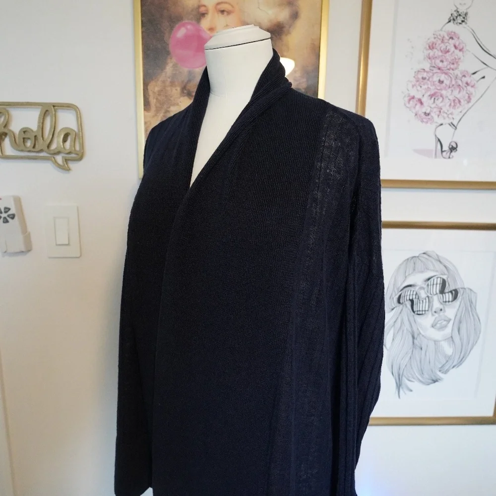 Pure Collection Blue Ribbed Knit Open Front LongSleeve Linen Cardigan 043 - Picture 5 of 7